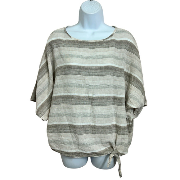 Beach Lunch Lounge Linen Blend Blouse Sz Large Tan Striped Dolman Sleeve Top - Picture 6 of 7
